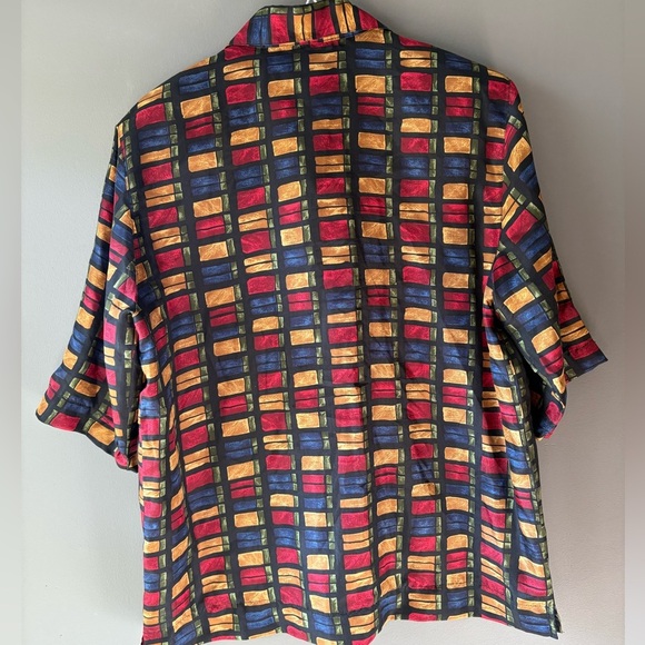 Vintage Stunt size M, 100% silk Multicolor Checkered Blouse with Shoulder Pads - Picture 6 of 6